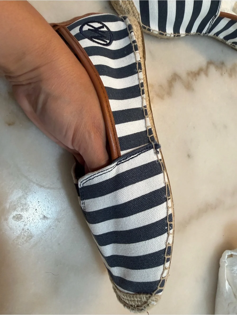 Michael Kors Black and White Striped Espadrille Insole with Tan Trim